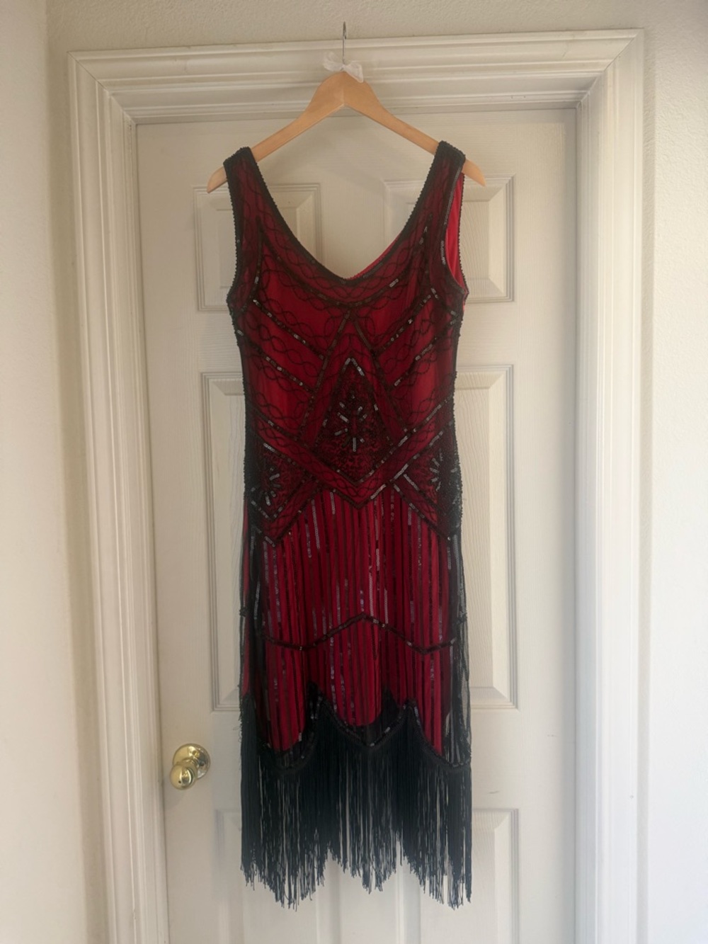 Red and Black Flapper Dreas with Beaded bodice and fringe